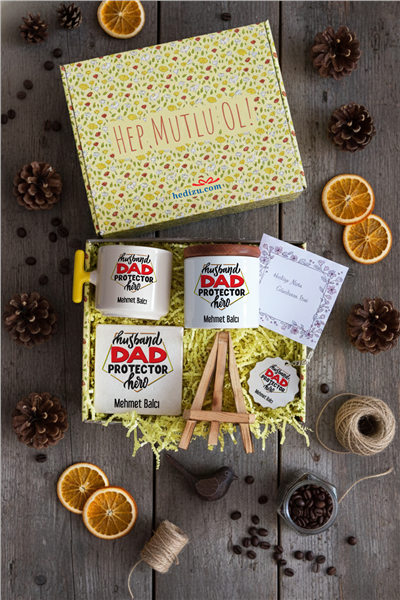 Husbanda Dad Protector Hero Hediye Kutusu - Kişiye Özel T Kupa, Seramik Kalemlik, Dekoratif Taş İsimlik, Güneş Anahtarlık