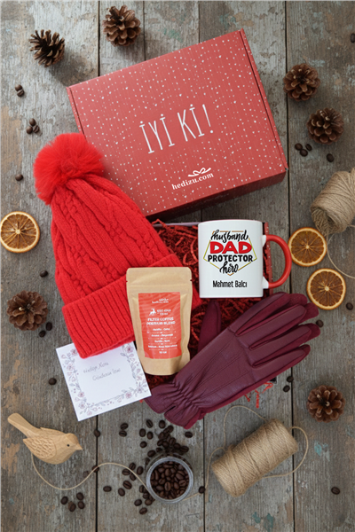Husbanda Dad Protector Hero Hediye Kutusu - Kişiye Özel Kupa Standart, Filtre Kahve, Eldiven, Bere