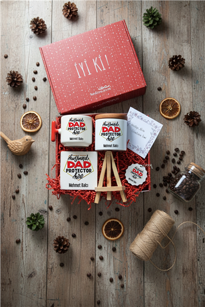 Husbanda Dad Protector Hero Hediye Kutusu - Kişiye Özel T Kupa, Seramik Kalemlik, Dekoratif Taş İsimlik, Güneş Anahtarlık