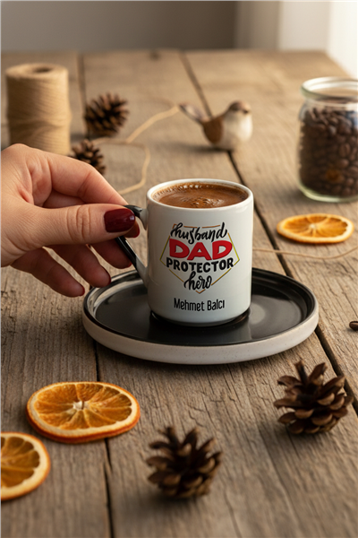 Husbanda Dad Protector Hero Kişiye Özel Türk Kahvesi Fincanı