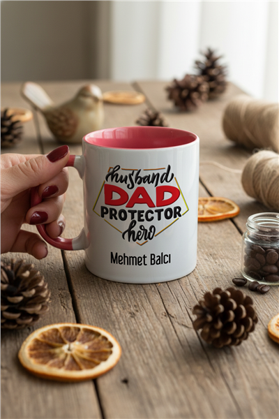 Husbanda Dad Protector Hero Kişiye Özel Kupa Bardak Standart