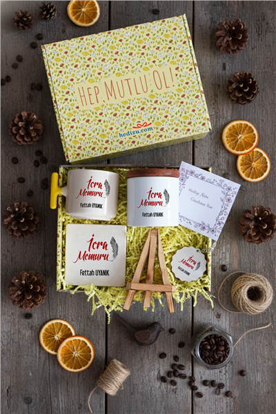 İcra Memuru Hediye Kutusu - Kişiye Özel T Kupa, Seramik Kalemlik, Dekoratif Taş İsimlik, Güneş Anahtarlık