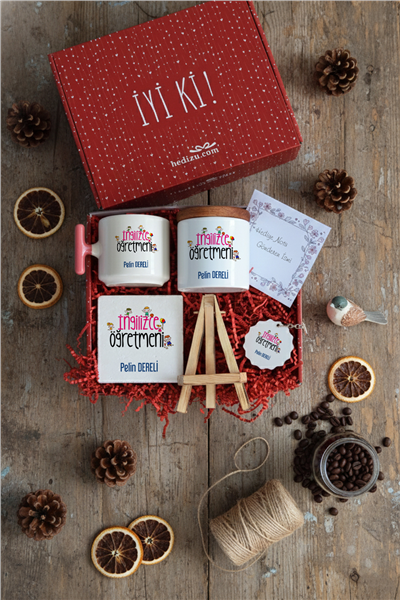 İngilizce Öğretmeni Hediye Kutusu - Kişiye Özel T Kupa, Seramik Kalemlik, Dekoratif Taş İsimlik, Güneş Anahtarlık