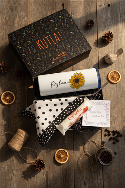 İsimli Ayçiçek Hediye Kutusu - Kişiye Özel Pipetli Çelik Termos, Fular, Çikolata Ferrero Rocher Raffaello