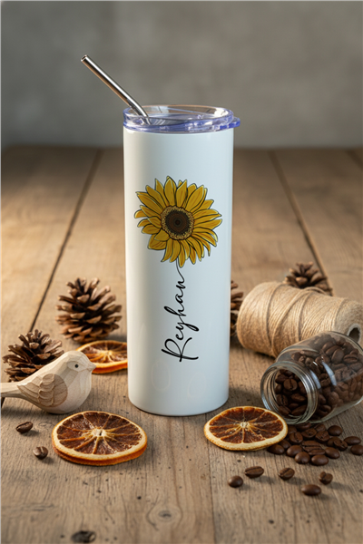 İsimli Ayçiçek Kişiye Özel Pipetli Çelik Termos