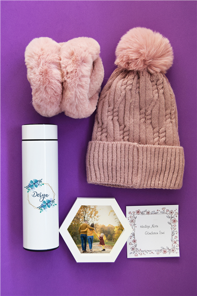 İsme Özel Hediye Kutusu - Kişiye Özel Dijital Göstergeli Termos, Kulaklık, Bere, Altıgen Fotoğraf Çerçevesi