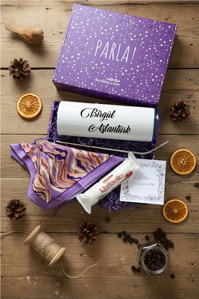 İsme Özel Hediye Kutusu - Kişiye Özel Pipetli Çelik Termos, Fular, Çikolata Ferrero Rocher Raffaello