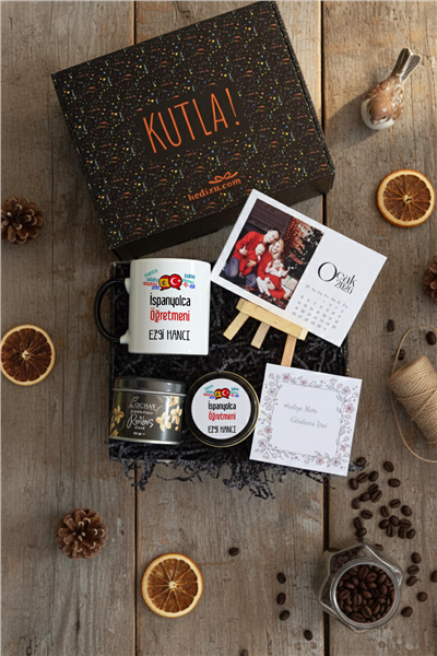 İspanyolca Öğretmeni Hediye Kutusu - Kişiye Özel Kupa Standart, Bitki Çayı, Takvim, Mum