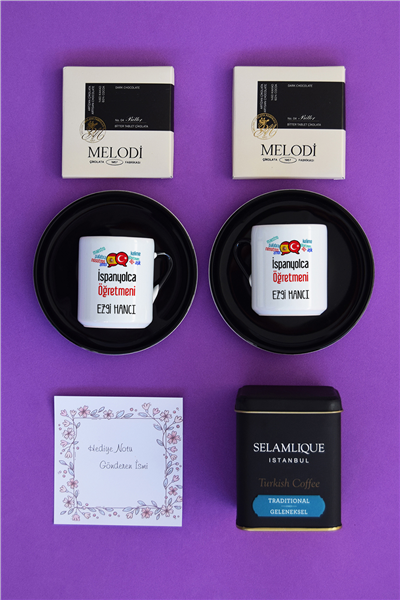 İspanyolca Öğretmeni Hediye Kutusu - Kişiye Özel Türk Kahvesi Fincanı 2 Adet, Türk Kahvesi, Melodi Çikolata 2 adet