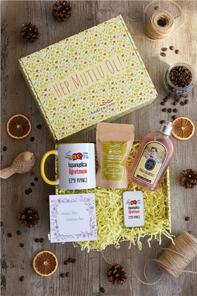 İspanyolca Öğretmeni Hediye Kutusu - Kişiye Özel Kupa Standart, Traş Kolonyası, Çakmak, Filtre Kahve