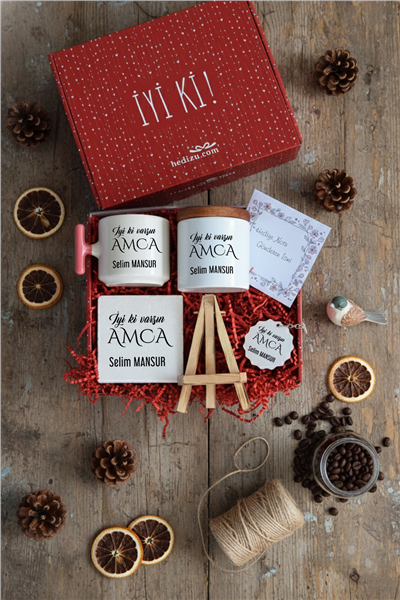 İyi Ki Varsın Amca Hediye Kutusu - Kişiye Özel T Kupa, Seramik Kalemlik, Dekoratif Taş İsimlik, Güneş Anahtarlık