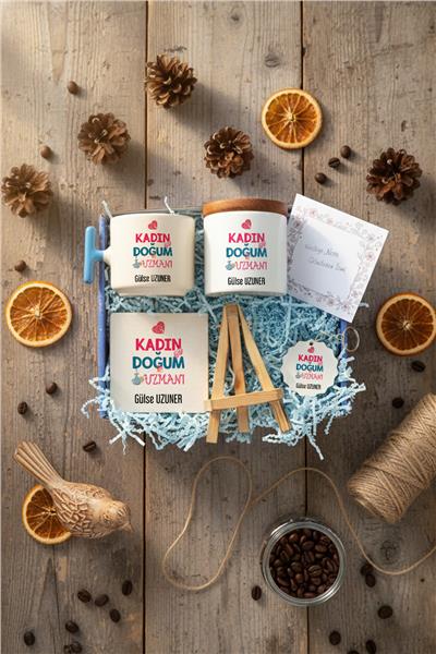 Kadın Doğum Uzmanı Hediye Kutusu - Kişiye Özel T Kupa, Seramik Kalemlik, Dekoratif Taş İsimlik, Güneş Anahtarlık