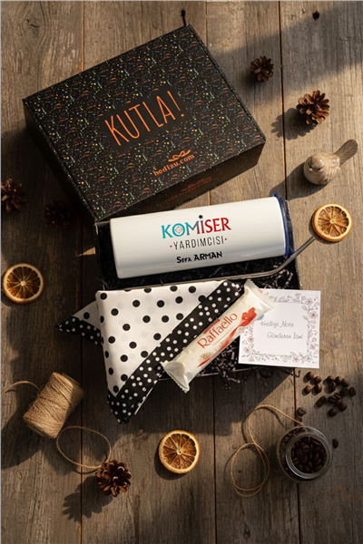 Komiser Yardımcısı Hediye Kutusu - Kişiye Özel Pipetli Çelik Termos, Fular, Çikolata Ferrero Rocher Raffaello