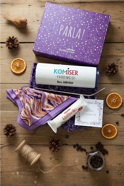 Komiser Yardımcısı Hediye Kutusu - Kişiye Özel Pipetli Çelik Termos, Fular, Çikolata Ferrero Rocher Raffaello