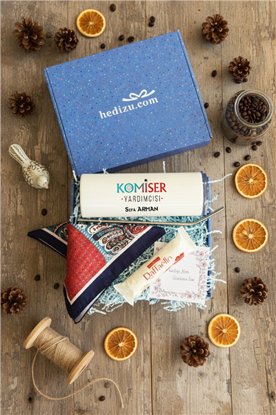 Komiser Yardımcısı Hediye Kutusu - Kişiye Özel Pipetli Çelik Termos, Fular, Çikolata Ferrero Rocher Raffaello