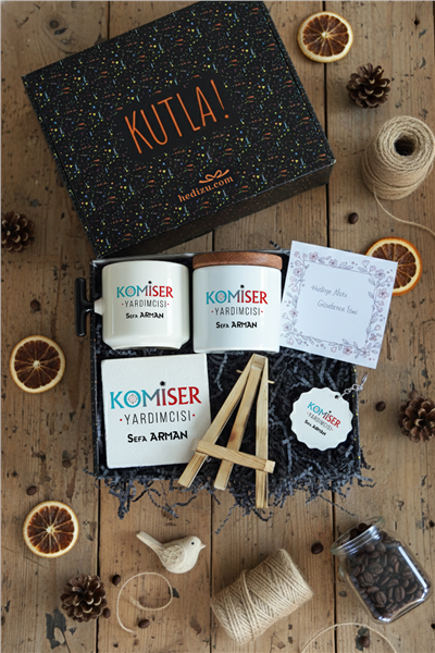 Komiser Yardımcısı Hediye Kutusu - Kişiye Özel T Kupa, Seramik Kalemlik, Dekoratif Taş İsimlik, Güneş Anahtarlık