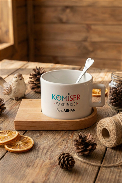 Komiser Yardımcısı Kişiye Özel Lüks Fincan, Ahşap Altlıklı, Kaşıklı