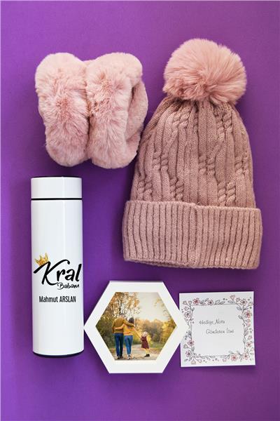 Kral Babam Hediye Kutusu - Kişiye Özel Dijital Göstergeli Termos, Kulaklık, Bere, Altıgen Fotoğraf Çerçevesi