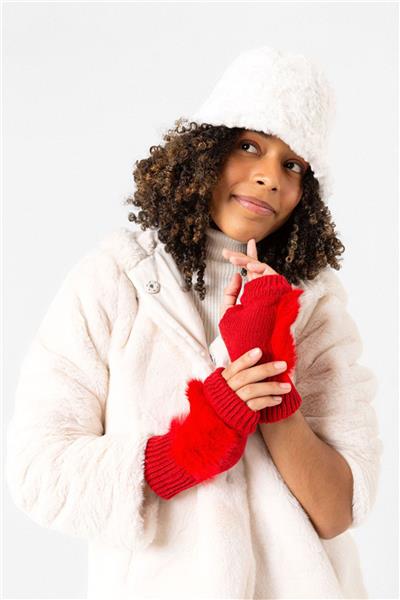 Kürklü Kırmızı Yünlü Kesik Eldiven