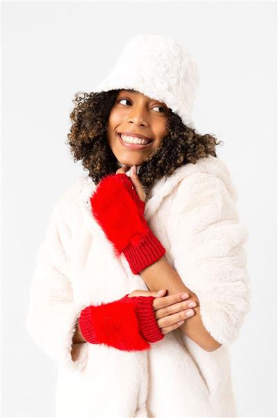 Kürklü Kırmızı Yünlü Kesik Eldiven