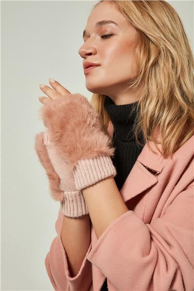 Kürklü Pembe Yünlü Kesik Eldiven