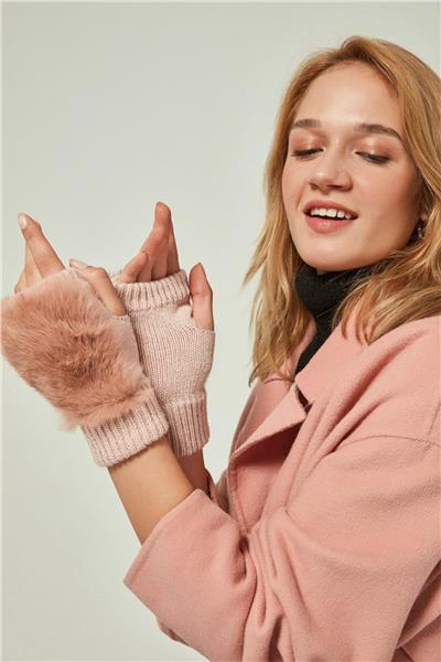 Kürklü Pembe Yünlü Kesik Eldiven