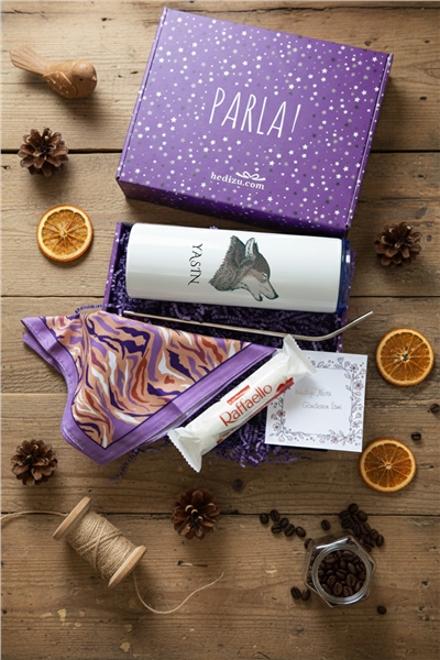 Kurt Baskılı Hediye Kutusu - Kişiye Özel Pipetli Çelik Termos, Fular, Çikolata Ferrero Rocher Raffaello