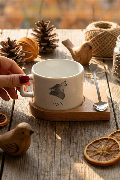Kurt Baskılı Kişiye Özel Lüks Fincan, Ahşap Altlıklı, Kaşıklı