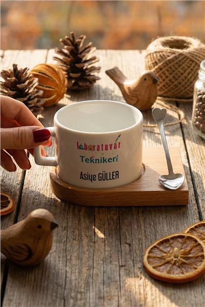Laboratuvar Teknikeri Kişiye Özel Lüks Fincan, Ahşap Altlıklı, Kaşıklı