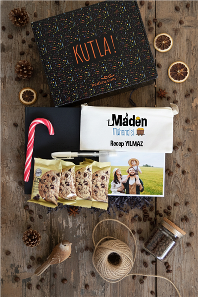 Maden Mühendisi Hediye Kutusu - Anı Defteri, Fotoğraf 10 Adet, Bez Kalemlik, Baston Şeker, Onefis Sade Çikolata Parçalı Cookie 4 adet