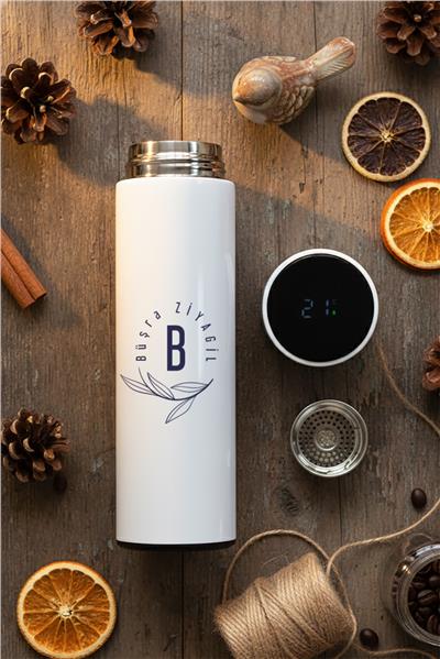 Minimal Baş Harf ve İsim Hediye Kutusu - Kişiye Özel Dijital Göstergeli Termos, Kulaklık, Bere, Altıgen Fotoğraf Çerçevesi