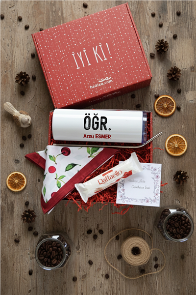 Minimal Öğretmen Hediye Kutusu - Kişiye Özel Pipetli Çelik Termos, Fular, Çikolata Ferrero Rocher Raffaello