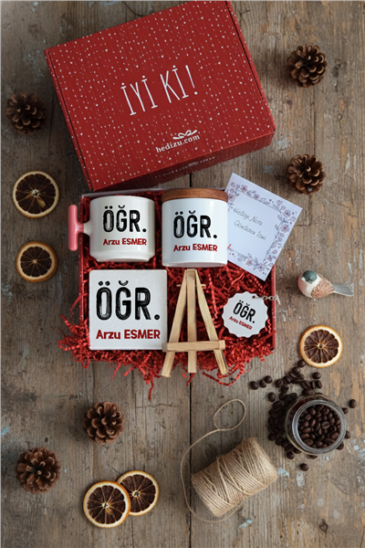 Minimal Öğretmen Hediye Kutusu - Kişiye Özel T Kupa, Seramik Kalemlik, Dekoratif Taş İsimlik, Güneş Anahtarlık