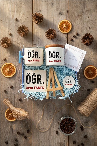 Minimal Öğretmen Hediye Kutusu - Kişiye Özel T Kupa, Seramik Kalemlik, Dekoratif Taş İsimlik, Güneş Anahtarlık