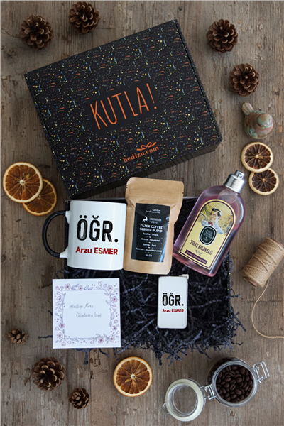 Minimal Öğretmen Hediye Kutusu - Kişiye Özel Kupa Standart, Traş Kolonyası, Çakmak, Filtre Kahve
