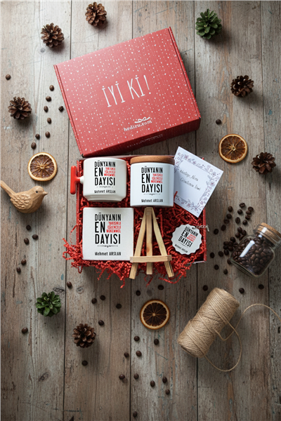 Mükemmel Dayı Hediye Kutusu - Kişiye Özel T Kupa, Seramik Kalemlik, Dekoratif Taş İsimlik, Güneş Anahtarlık