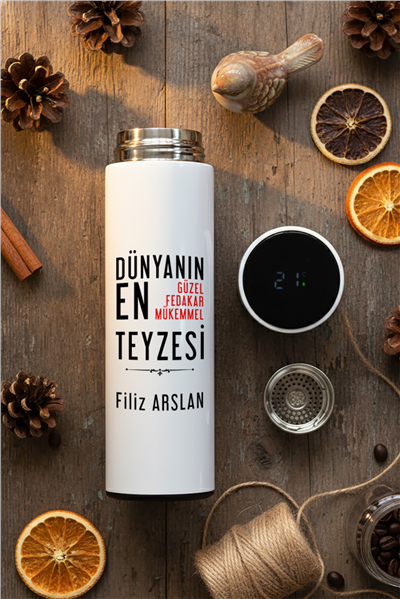 Mükemmel Teyze Hediye Kutusu - Kişiye Özel Dijital Göstergeli Termos, Kulaklık, Bere, Altıgen Fotoğraf Çerçevesi