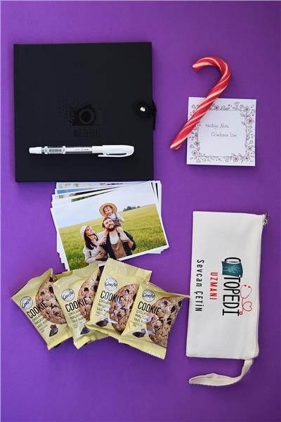 Ortopedi Uzmanı Hediye Kutusu - Anı Defteri, Fotoğraf 10 Adet, Bez Kalemlik, Baston Şeker, Onefis Sade Çikolata Parçalı Cookie 4 adet