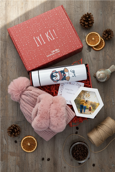 Penguen Hediye Kutusu - Kişiye Özel Dijital Göstergeli Termos, Kulaklık, Bere, Altıgen Fotoğraf Çerçevesi