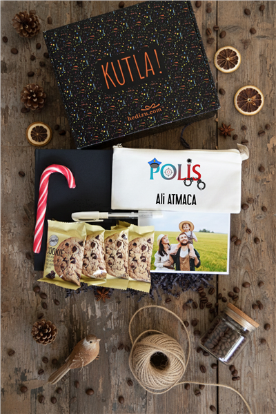 Polis Hediye Kutusu - Anı Defteri, Fotoğraf 10 Adet, Bez Kalemlik, Baston Şeker, Onefis Sade Çikolata Parçalı Cookie 4 adet