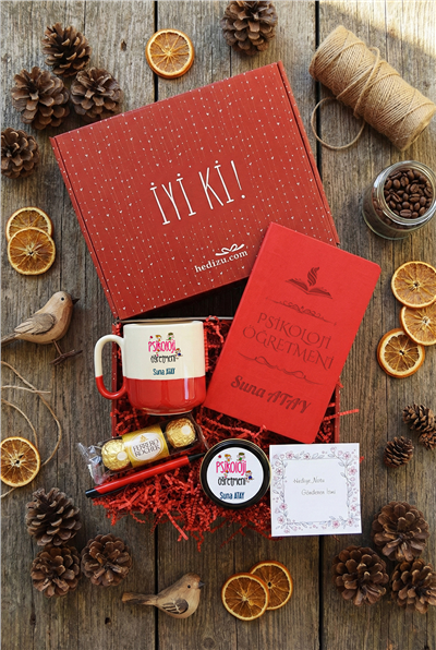 Psikoloji Öğretmeni Hediye Kutusu - Kişiye Özel Pro Kupa, Defter, Mum, Çikolata Ferrero Rocher 3lü, Kalem
