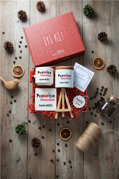 Psikolojik Danışman Hediye Kutusu - Kişiye Özel T Kupa, Seramik Kalemlik, Dekoratif Taş İsimlik, Güneş Anahtarlık