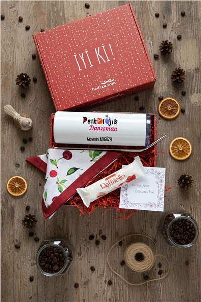 Psikolojik Danışman Hediye Kutusu - Kişiye Özel Pipetli Çelik Termos, Fular, Çikolata Ferrero Rocher Raffaello