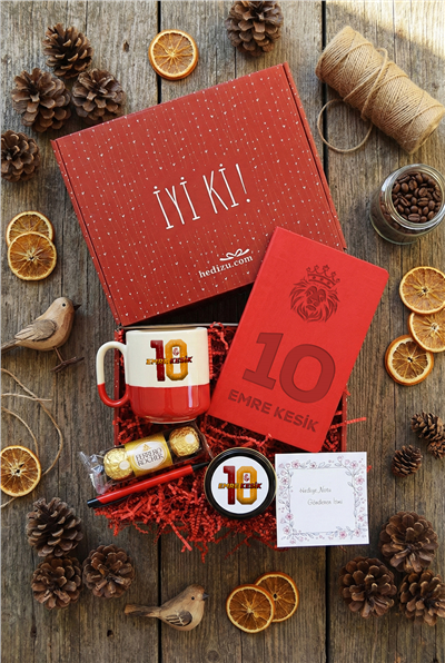Sarı Kırmızı Taraftar Hediye Kutusu - Kişiye Özel Pro Kupa, Defter, Mum, Çikolata Ferrero Rocher 3lü, Kalem