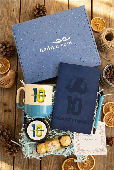 Sarı Lacivert Taraftar Hediye Kutusu - Kişiye Özel Pro Kupa, Defter, Mum, Çikolata Ferrero Rocher 3lü, Kalem