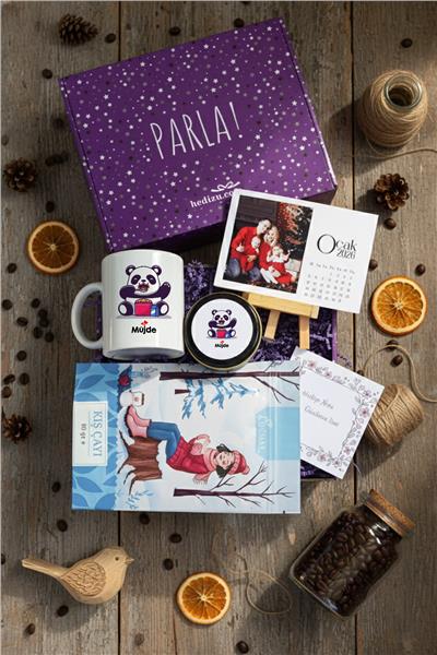 Sevimli Panda Hediye Kutusu - Kişiye Özel Kupa Standart, Bitki Çayı, Takvim, Mum