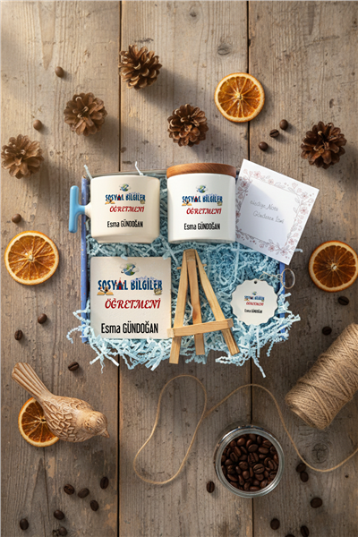 Sosyal Bilgiler Öğretmeni Hediye Kutusu - Kişiye Özel T Kupa, Seramik Kalemlik, Dekoratif Taş İsimlik, Güneş Anahtarlık