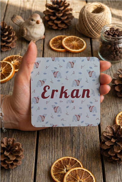 Tatlı Ayıcık Desenli Kişiye Özel Bardak Altlığı