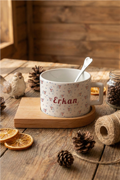 Tatlı Ayıcık Desenli Kişiye Özel Lüks Fincan, Ahşap Altlıklı, Kaşıklı