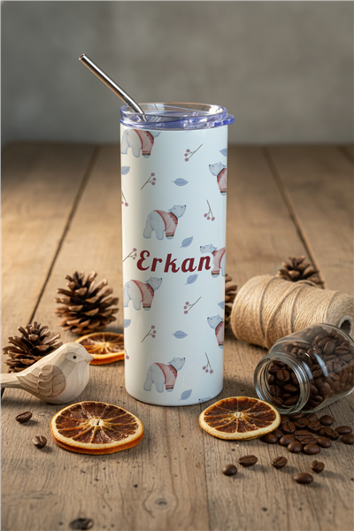 Tatlı Ayıcık Desenli Kişiye Özel Pipetli Çelik Termos